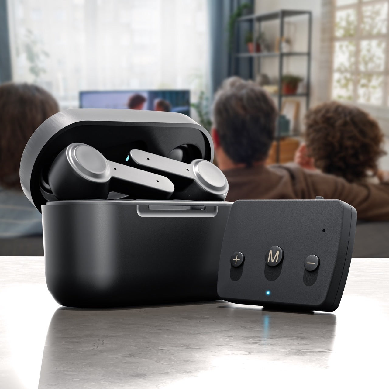 Black TV Watching Bluetooth Hearing Aids Family